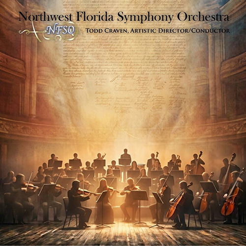 A symphony orchestra performs on stage with warm lighting, musicians playing string and wind instruments, and &ldquo;Northwest Florida Symphony Orchestra&rdquo; text above them.
