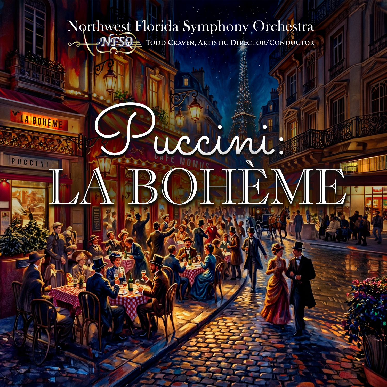 A vibrant street scene outside a caf&eacute; at night, with people dining and walking, overlaid with text about a Puccini: La Boh&egrave;me performance by the Northwest Florida Symphony Orchestra.