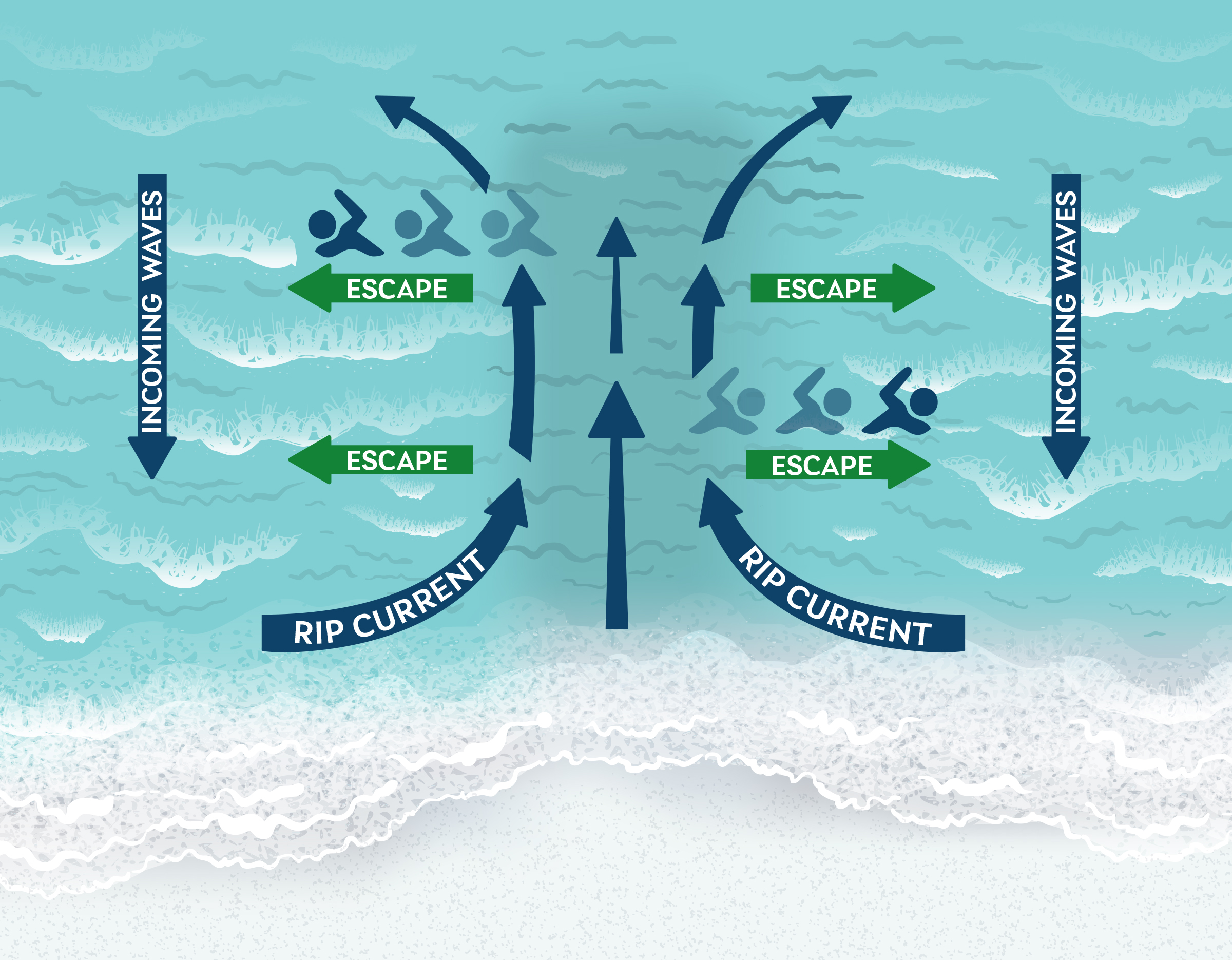rip current is a powerful channel of water flowing away from shore.