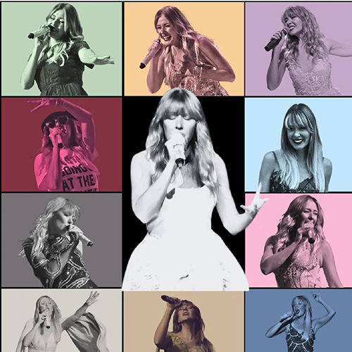 A collage of a woman singing and performing on stage, shown in various outfits and colorful backgrounds, with one central black-and-white image.