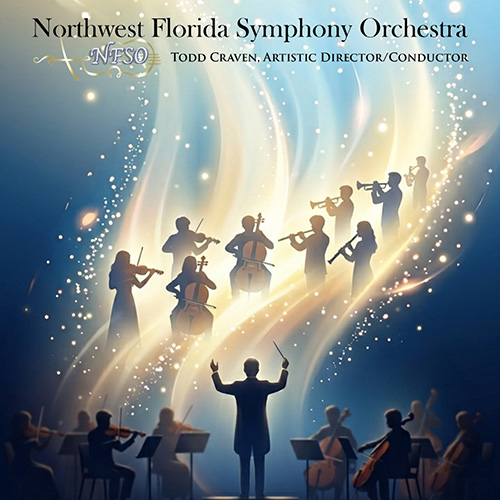 An orchestra performs on stage with a conductor in front, accompanied by glowing, ethereal musicians floating above. Text at the top reads: &ldquo;Northwest Florida Symphony Orchestra.&rdquo;.