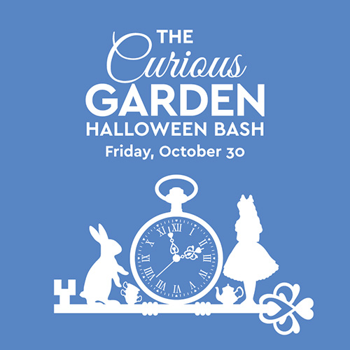 Event flyer for The Curious Garden Halloween Bash on Friday, October 30, featuring silhouettes of a rabbit, pocket watch, and Alice.